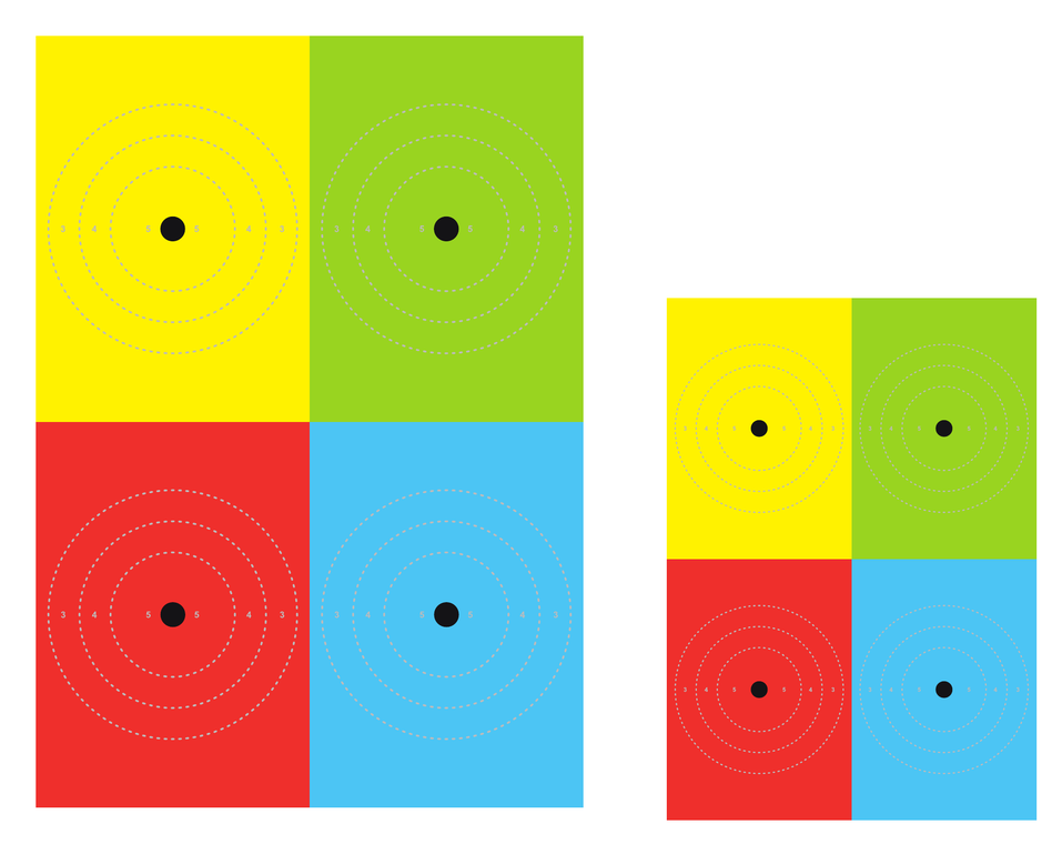 Alvo SAT de 4 cores nos dois formatos: Padrão SAT 48 × 66 cm e Mini SAT 32 × 44 cm, em escala