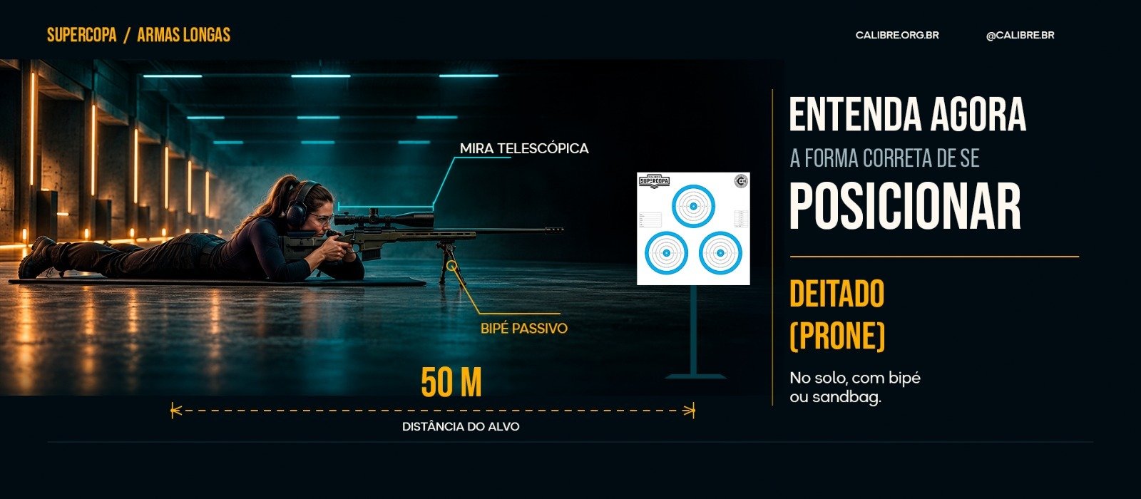Supercopa Armas Longas: atleta deitado (prone) no solo, com mira telescópica e bipé passivo, a 50 metros do alvo